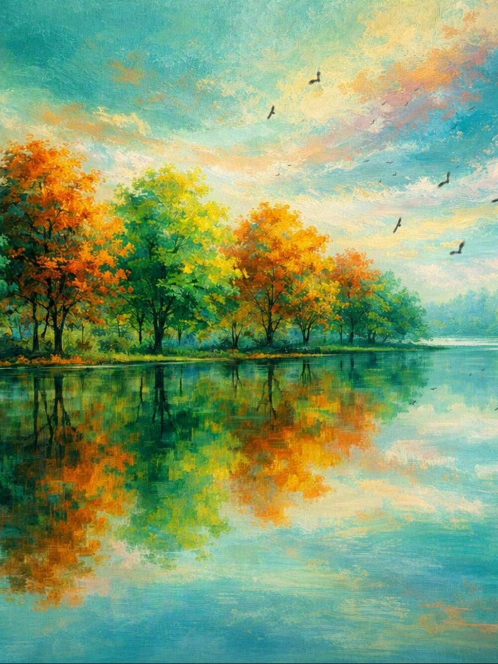 Autumn’s Mirror Teal & Orange Lake Landscape Art Print 36x24 Wall Decor